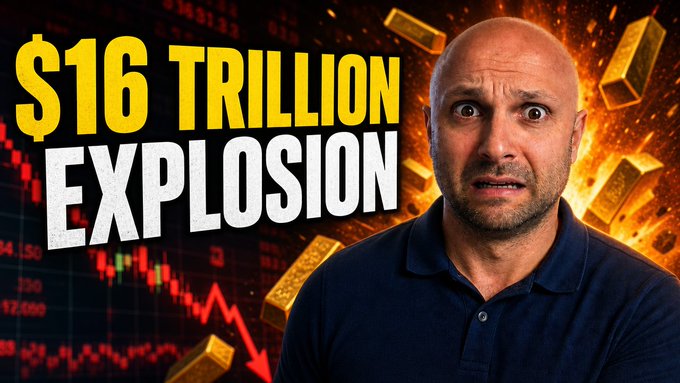 The image shows a shocked-looking bald man on the right side with bold yellow and white text reading "$16 TRILLION EXPLOSION" on the left, set against a fiery background featuring falling gold bars and a red stock chart trending downward. It visually dramatizes the post's claim about a potential massive disruption to the trillions flowing through Swift's payment network, amplifying the urgency around XRP holders' panic over Swift's new blockchain launch that still lacks settlement capability.