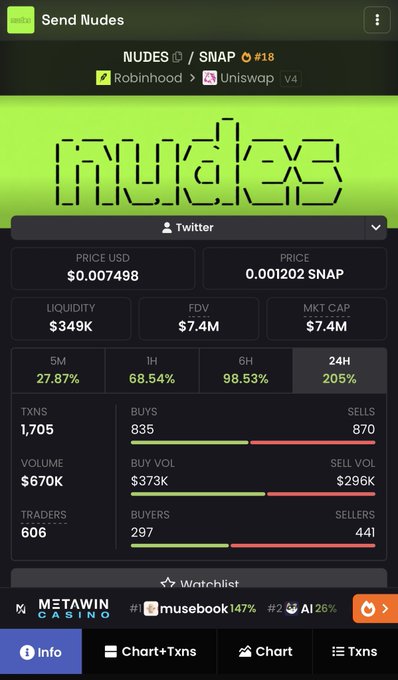 A crypto analytics dashboard displays "Send Nudes" (NUDES) token statistics, showing a price of $0.007498 / 0.001202 SNAP, with $349K liquidity, a $7.4M market cap, and a strong +205% gain over 24 hours, supporting the post's claim of a strong bounce back.
