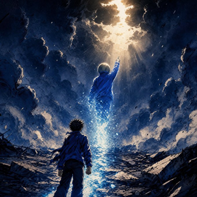 A dramatic anime-style illustration depicting a character reaching up toward a glowing figure in the sky through dark clouds, while another character watches from a debris-filled landscape below.