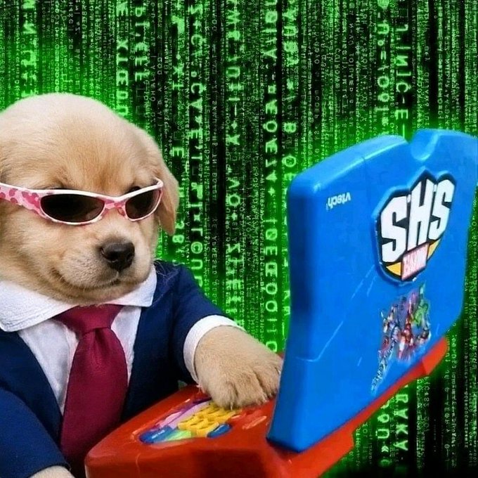 A golden puppy dressed in a business suit and pink sunglasses uses a VTech SHS laptop, set against a green Matrix-style digital rain backdrop. The image humorously visualizes the "degen nirvana" trading flow state, combining the iconic "hacker dog" meme aesthetic with the overstimulated intensity of crypto day trading.