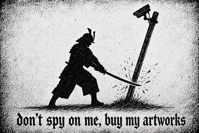 A black and white ink-style illustration of a samurai slashing a security camera mounted on a pole, with the text 'don't spy on me, buy my artworks' at the bottom.
