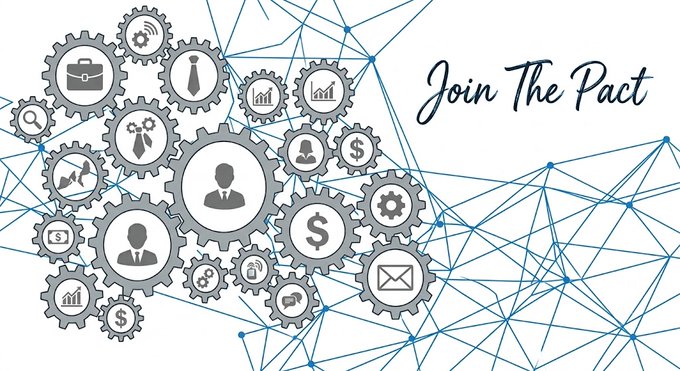 Graphic illustration of interconnected gears containing business icons with the text 'Join The Pact' in cursive script.