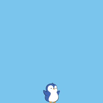 A small animated penguin waves cheerfully against a solid light blue background.