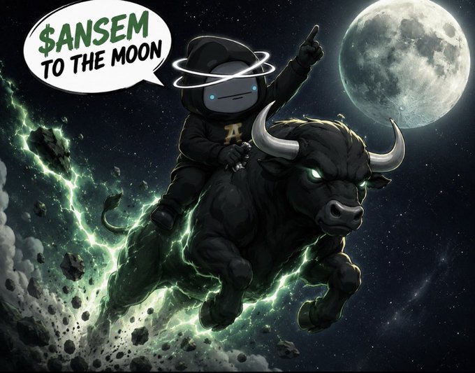 A crypto-themed illustration shows a hooded astronaut riding a charging black bull through space toward the moon, with a speech bubble declaring "$ANSEM TO THE MOON" — visually capturing the celebratory "to the moon" meme used in the airdrop announcement congratulating Gabino.