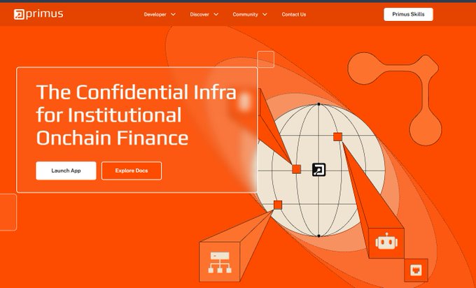 The Primus website homepage, with the tagline 'The Confidential Infra for Institutional Onchain Finance', features an orange theme with a globe graphic.