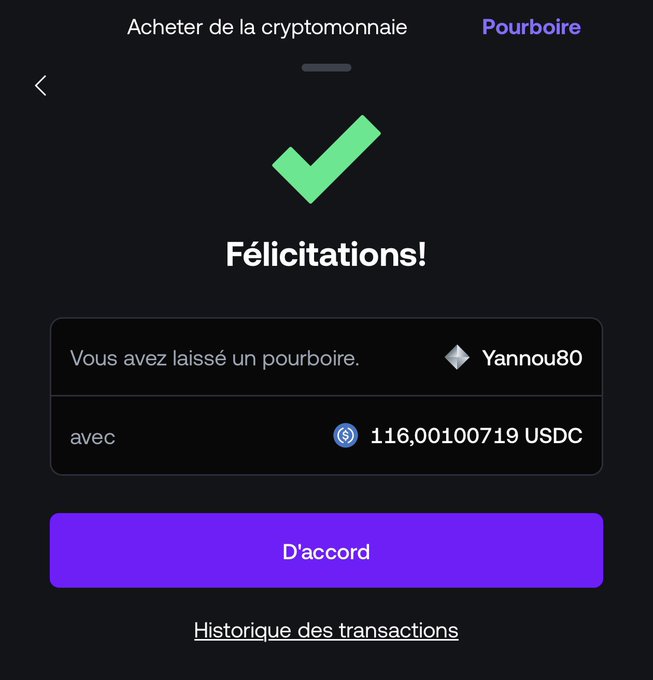 A cryptocurrency tipping confirmation screen in French displays "Félicitations!" (Congratulations!) with a green checkmark, showing a tip of 116.00100719 USDC sent to user "Yannou80," aligning with the post's success message about sending a tip and promoting affiliate recruitment.