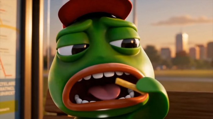 A green Pepe the Frog meme character wearing a red cap appears distressed while eating fries, with a city skyline in the background. The image's melancholic, weary expression visually echoes the post's reference to "Saylor" (likely MicroStrategy's Michael Saylor) being "nearing break even," symbolizing the anxious, despairing mood of a crypto/Bitcoin investor watching their holdings hover near their cost basis.