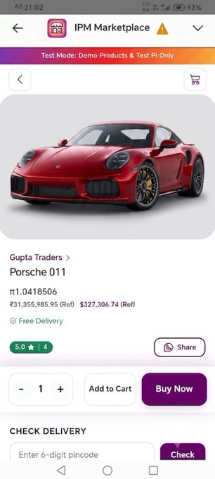 Screenshot of the IPM Marketplace app showing a Porsche 011 listed at ₹31,355,985.95 (≈$327,306.74 Ref) and priced at 1.0418506 π from seller Gupta Traders, illustrating the post's joke about PI holders being able to purchase a Porsche for roughly 1 $PI.