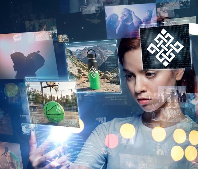 A young woman interacts with a futuristic digital interface featuring floating screens with images of a water bottle, basketball, and the Binance logo.