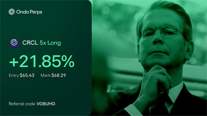 An Ondo Perps promotional image showing 'CRCL 5x Long' at +21.85%, with Entry $65.43 and Mark $68.29, alongside a man in a suit in the background. Referral code: VG8UHG.