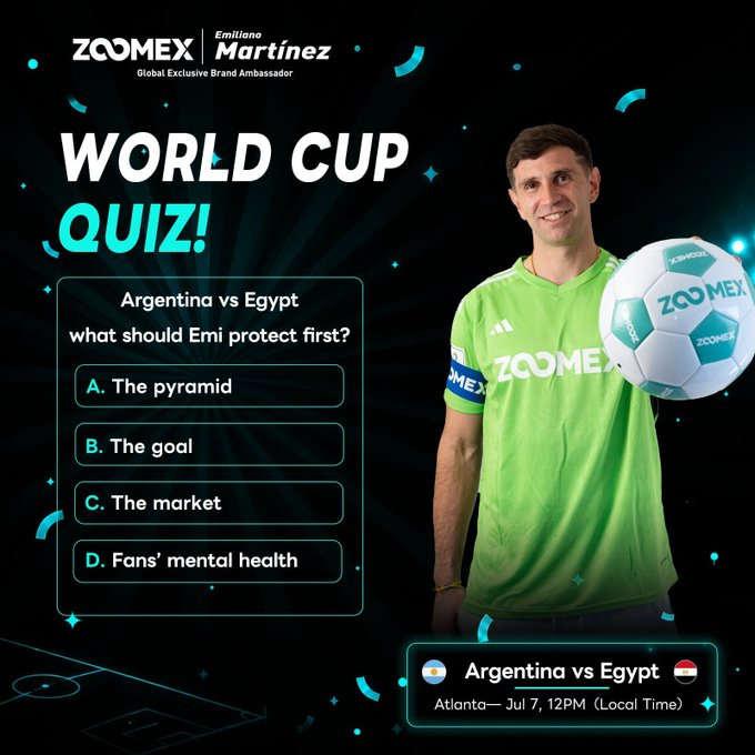 A promotional graphic for Zoomex featuring Global Exclusive Brand Ambassador Emiliano "Emi" Martinez in a green goalkeeper jersey alongside a Zoomex-branded soccer ball. The image displays a "World Cup Quiz!" with the question "Argentina vs Egypt—what should Emi protect first?" and four multiple-choice answers (A. The pyramid, B. The goal, C. The market, D. Fans' mental health), noting the match takes place in Atlanta on July 7 at 12PM local time.
