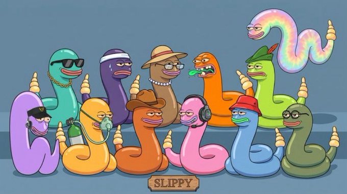 A digital illustration featuring colorful cartoon worm characters in various outfits with the label 'SLIPPY' at the bottom.