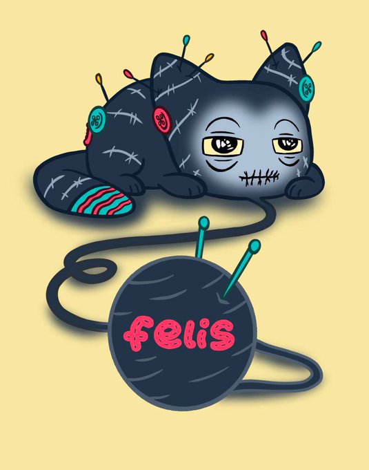 A stitched-together, dark gray voodoo cat plush with colorful pins sticks out of a yarn ball labeled "felis" in pink lettering, mirroring the post's warning that the FELIS mint is "not for the faint-hearted" by portraying the cat as a quirky, stitched-up mascot.