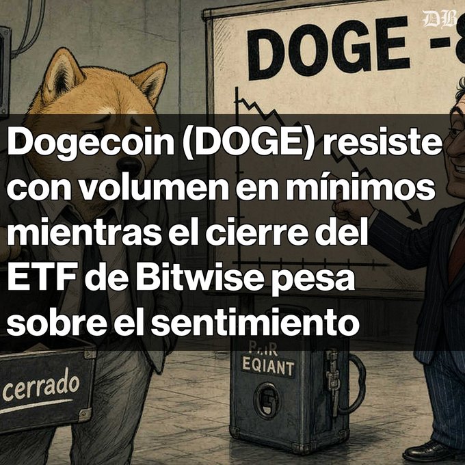 An illustrated graphic showing an anthropomorphic Shiba Inu dog and a suited man near a downward-trending chart and a closed sign, with Spanish text reading "Dogecoin (DOGE) resiste con volumen en mínimos mientras el cierre del ETF de Bitwise pesa sobre el sentimiento".