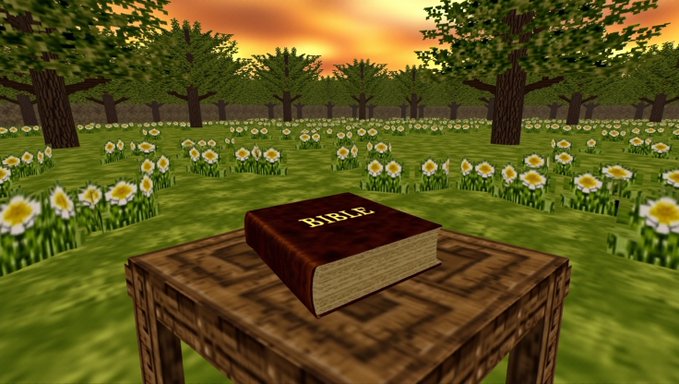 A 3D-rendered scene of a Bible resting on a wooden table in a field of daffodils and trees under an orange sunset sky.