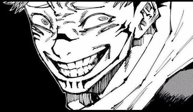 A black and white manga panel showing a close-up of a character with a wide, unsettling grin and intense eyes.