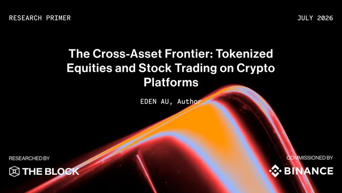 Cover page for a July 2026 Research Primer titled "The Cross-Asset Frontier: Tokenized Equities and Stock Trading on Crypto Platforms" by Eden Au, researched by The Block and commissioned by Binance. The social post highlights the report's release and notes Binance crossing $1B AUM for tokenized equities, aligning with the report's theme of stock trading on crypto platforms.