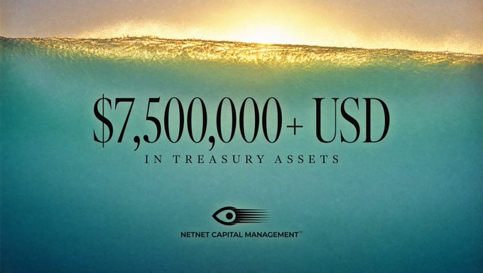 A stunning underwater view of a breaking wave with sunlight streaming through, featuring bold text announcing "$7,500,000+ USD IN TREASURY ASSETS" alongside the NetNet Capital Management logo, visually celebrating the company's announcement of surpassing this treasury milestone.