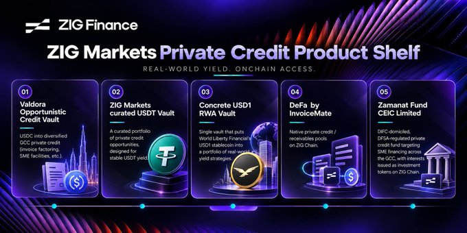 A promotional graphic for 'ZIG Finance' titled 'ZIG Markets Private Credit Product Shelf,' detailing five investment options including Valdora Opportunistic Credit Vault and ZIG Markets curated USDT Vault.