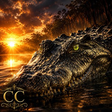 A dramatic digital artwork featuring a crocodile's head emerging from water at sunset, with 'CC' watermarked in the lower left corner.