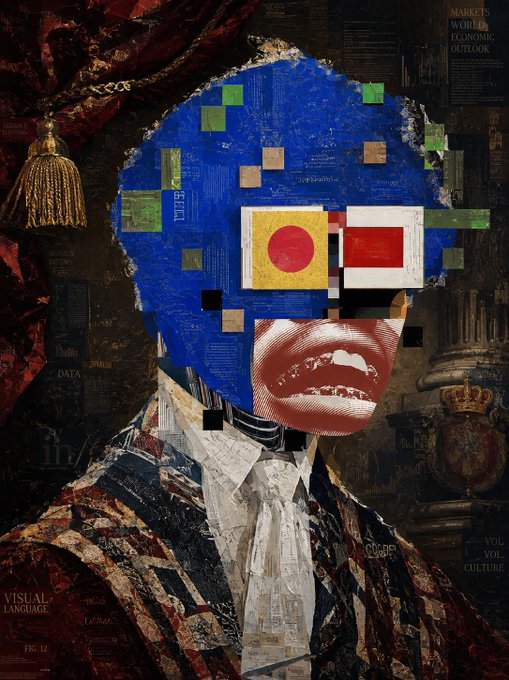 A collage-style portrait featuring a blue abstract face with pixelated red and white blocks covering the eyes, set against classical Renaissance-style imagery.