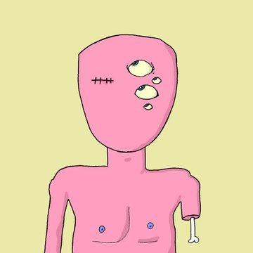 A cartoon-style drawing of a pink, surreal humanoid figure with mismatched eyes and stitches on its face, set against a pale yellow background.
