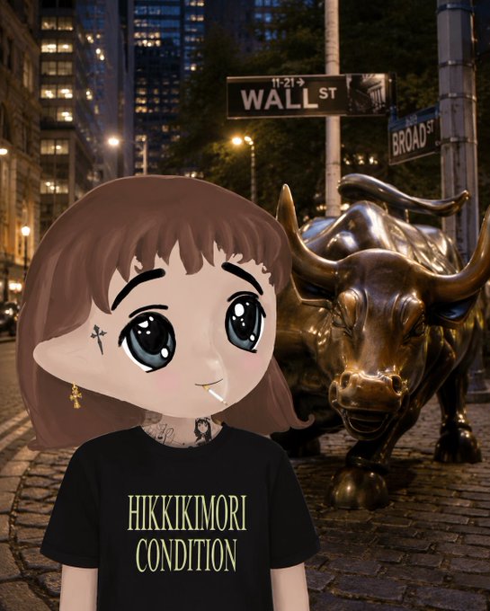 A cartoon avatar wearing a "HIKKIKIMORI CONDITION" t-shirt poses in front of the Charging Bull statue and Wall Street/Broad Street signs. The image captures the bullish "gm crypto" energy with the iconic Wall Street bull symbolizing market optimism.