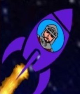 A cartoon-style purple rocket ship soars through a starry space background, with a knight in armor visible through its circular window, flames trailing from its boosters. The image visually represents the post's hopeful sentiment for XRP's price to "go up," symbolizing an anticipated bullish launch or upward momentum.