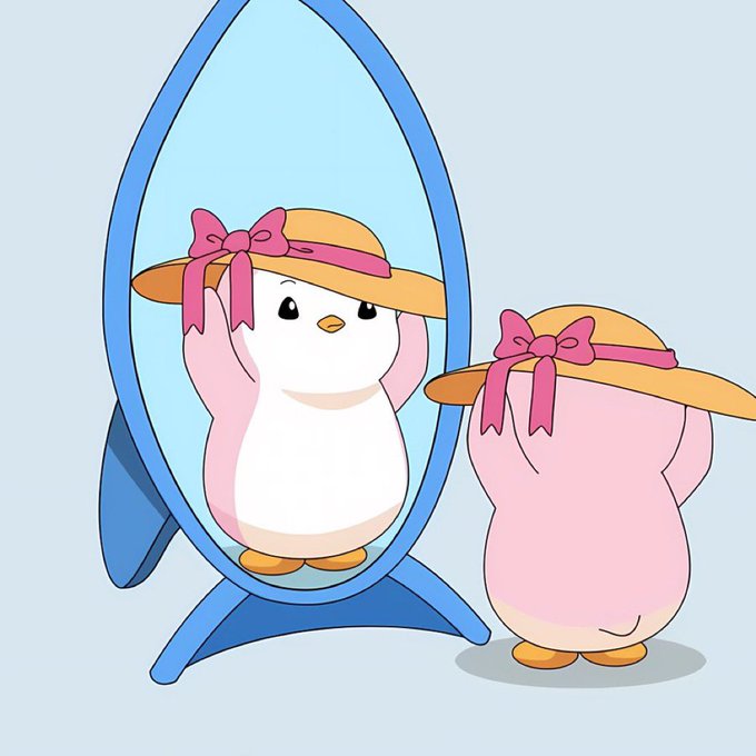 A cartoon illustration of a cute white and pink penguin with a straw hat and ribbon looking at its reflection in an oval mirror.