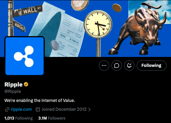 The image shows the official X (Twitter) profile of Ripple (@Ripple), which displays the company's logo, banner featuring Wall Street imagery, a bull statue, and a clock, along with a bio stating "We're enabling the Internet of Value." The profile shows Ripple has 3.1M followers, joined in December 2012, and is verified with a gold checkmark.

The image relates to the post as it shows Ripple's official Twitter account that allegedly "depegged from 985," referencing a breaking event involving Ripple's price or value disconnect—though the image itself does not display any such depegging information, serving only to identify the @Ripple account mentioned in the post.