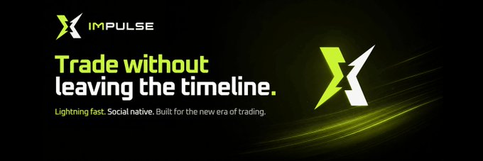 An advertisement banner for 'IMPULSE' reads 'Trade without leaving the timeline' and 'Lightning fast. Social native. Built for the new era of trading.' in green and white text, accompanied by a glowing green 'X' logo on a black background.