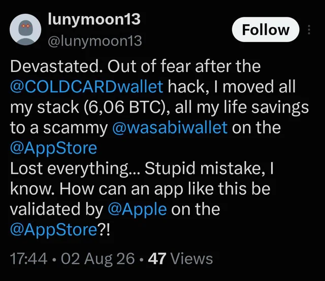 A tweet from @lunymoon13 expressing devastation after losing 6.06 BTC by transferring funds to a scam @wasabiwallet on the App Store following fears of a @COLDCARDwallet hack.