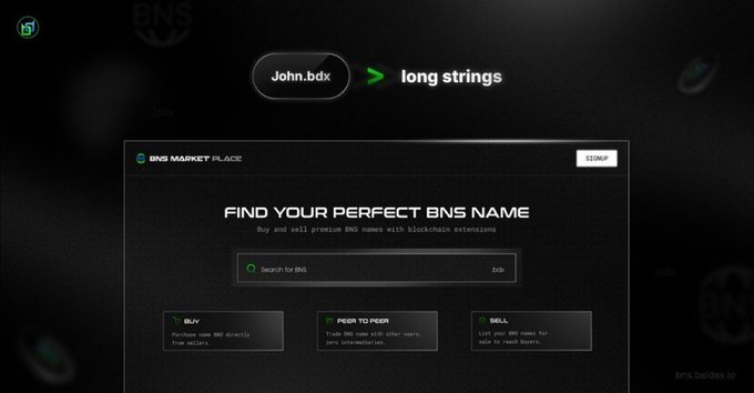 A dark-themed promotional webpage for 'BNS MARKET PLACE' displays the headline 'FIND YOUR PERFECT BNS NAME' with options to 'BUY', 'PEER TO PEER' trade, and 'SELL' BNS names, and highlights 'John.bdx' resolving to 'long strings'.