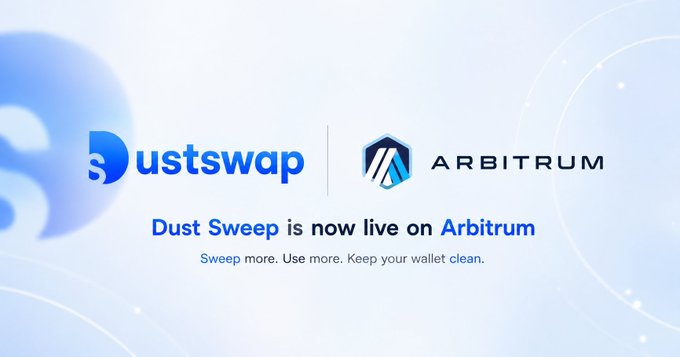 A promotional graphic displays the Dustswap and Arbitrum logos with the text 'Dust Sweep is now live on Arbitrum' and the tagline 'Sweep more. Use more. Keep your wallet clean.'