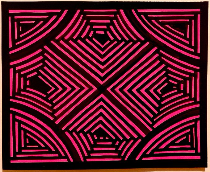 A vibrant geometric pattern in bright pink and black with symmetrical, maze-like designs.