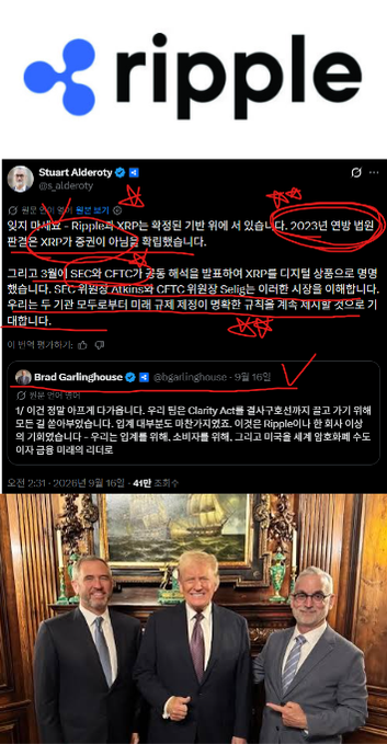 A Korean article screenshot featuring Stuart Alderoty's tweet reminding XRP holders of the 2023 federal court ruling where the SEC dropped its lawsuit against CFTC, alongside a photo of Donald Trump with Brad Garlinghouse, referencing the stalled Clarity Act in the U.S. Senate.