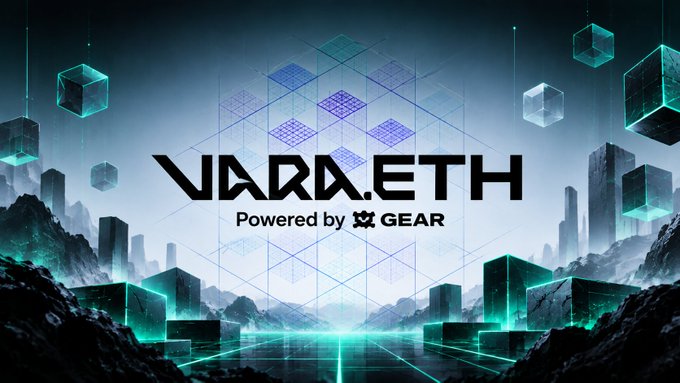 A futuristic digital landscape featuring glowing teal and purple geometric cubes hovering over a stylized cityscape, with the bold text "VARA.ETH" prominently displayed in the center and "Powered by [GEAR]" beneath it, visually reinforcing the post's theme of Vara Network's innovative execution model for Ethereum.