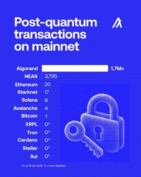 An infographic titled 'Post-quantum transactions on mainnet' comparing blockchain networks, with Algorand leading at 1.7M+, followed by NEAR (3,795), Ethereum (20), Starknet (17), Solana (9), Avalanche (4), and Bitcoin (1).