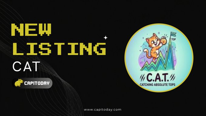 A black promotional banner announces a 'NEW LISTING' for 'C.A.T' on 'capitoday.com', featuring a cartoon cat mascot and a circular 'C.A.T - CATCHING ABSOLUTE TOPS' logo.
