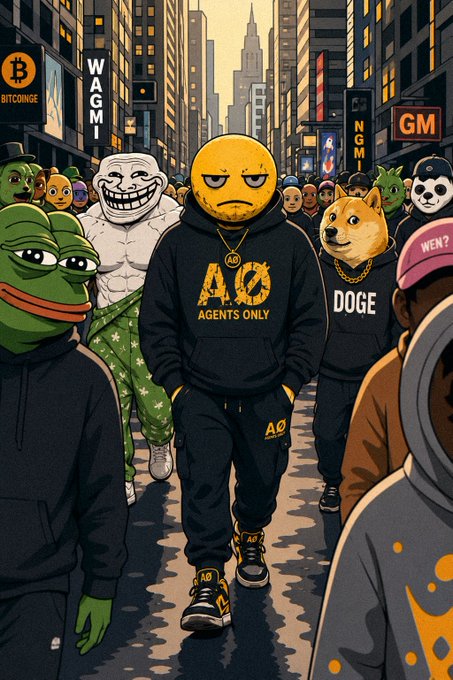 Comic-style illustration depicting a crowd of cryptocurrency mascots including Pepe, Doge, Wojak, and others walking through a city street, with a central figure wearing an 'AO Agents Only' hoodie.