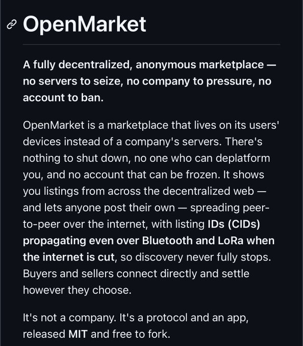 An image displaying the README header for "OpenMarket," described as a fully decentralized, anonymous marketplace that operates peer-to-peer without central servers, with listings propagating via Bluetooth and LoRa. The text aligns with the post's claim of a decentralized successor to eBay/XMRbazaar that "can't be shut down," referencing the GitHub project by user Lukeprofits.