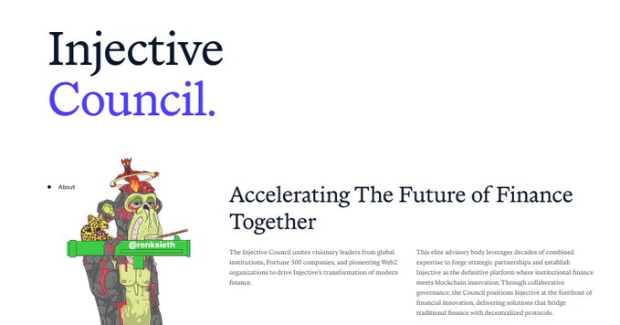 Screenshot of the Injective Council webpage titled 'Accelerating The Future of Finance Together,' featuring a description of the advisory body uniting leaders from institutions, Fortune 500 companies, and Web3 organizations to drive Injective's transformation of modern finance.
