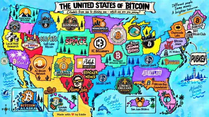 A colorful illustrated map titled 'THE UNITED STATES OF BITCOIN' showing various fictional bitcoin-themed states and cities across the US, made with love by Eddiie.