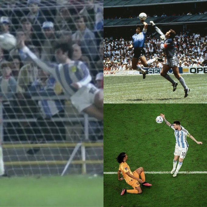 A collage of three iconic moments in soccer: a goalkeeper (likely Maradona's 'Hand of God' goal) scoring past the keeper, a player in Argentina's blue and white stripes doing a bicycle kick, and Lionel Messi (#10) controlling a ball mid-air over a fallen opponent.