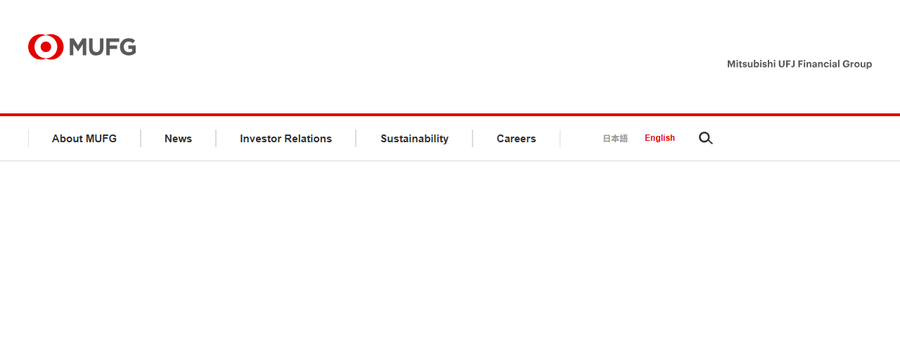 A screenshot of the MUFG (Mitsubishi UFJ Financial Group) website header, displaying the red and black MUFG logo and navigation menu including 'About MUFG', 'News', 'Investor Relations', 'Sustainability', and 'Careers'.