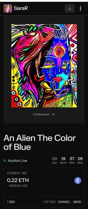 A mobile screenshot of an NFT live auction titled 'An Alien The Color of Blue' by user 'SaraR', featuring a vibrant, colorful abstract face artwork. The current bid is 0.22 ETH (~$559.92 USD) with 19 hours, 37 minutes, and 5 seconds remaining.