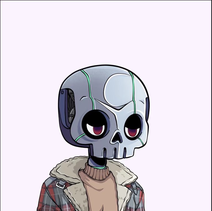 A cartoon illustration depicts a character with a metallic robotic skull head, large dark eyes, and green circuit lines, wearing a plaid jacket with a fur collar and a beige turtleneck.