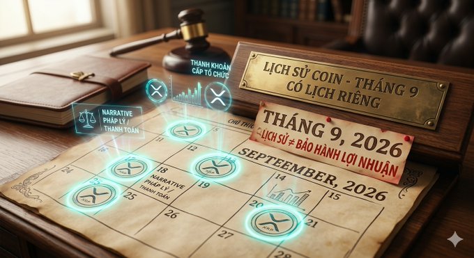 An AI-generated image showing a calendar on a wooden desk with glowing XRP (Ripple) cryptocurrency logos and text mentioning 'LỊCH SỬ COIN - THÁNG 9 CÓ LỊCH RIÊNG' (Coin History - September has its own schedule) and 'THÁNG 9, 2026' with 'SEPTEMBER, 2026' displayed.