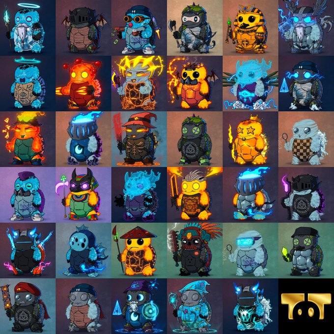 A 6x6 grid showing various chibi-style turtle characters with different elemental powers, costumes, and accessories in colorful designs.