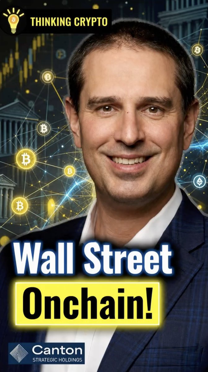 The image features a promotional thumbnail for "Thinking Crypto" featuring a smiling man in a dark suit, with "Wall Street Onchain!" prominently displayed and "Canton Strategic Holdings" branding at the bottom, set against a backdrop of Bitcoin logos, network nodes, and classical financial architecture.

The visual ties directly to the post's message by showcasing Canton as the bridge-free, interoperable onchain infrastructure that makes institutional adoption of blockchain technology possible—visually merging "Wall Street" with crypto networks to illustrate how Canton enables traditional finance to operate onchain without sacrificing privacy or security.